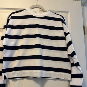 AYR “The Half Day” long sleeve tee shirt, size XS, navy and white stripes
